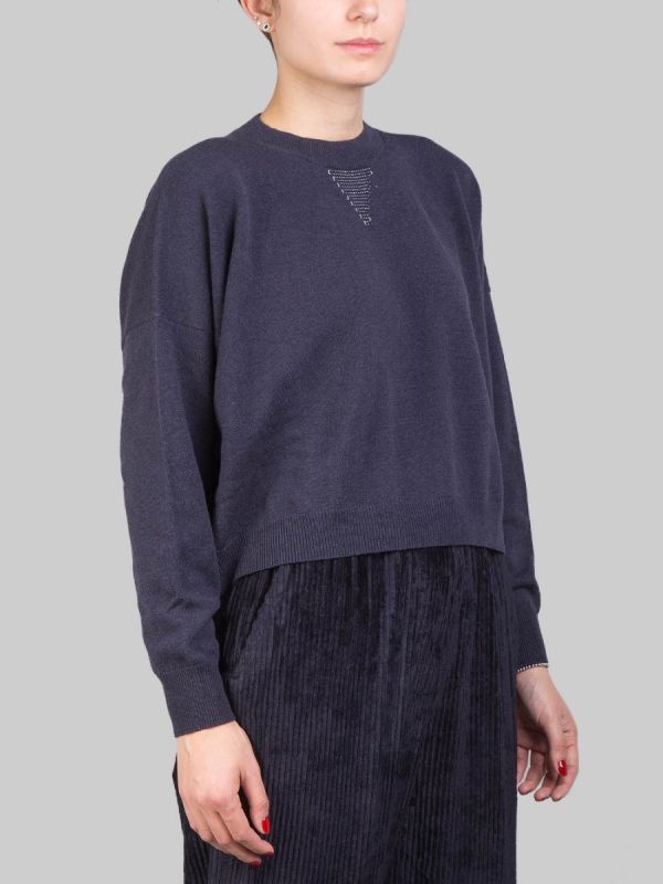 SHORT CREW NECK SWEATER IN NATURAL YARN WITH LIGHT POINTS IN BLUE