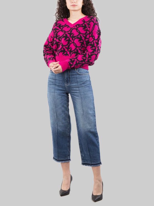 SHEEP SWEATER IN WOOL AND ALPACA MIX WITH ALL OVER FUCHSIA AND BLACK LOGO