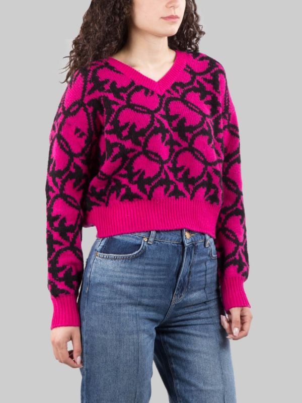 SHEEP SWEATER IN WOOL AND ALPACA MIX WITH ALL OVER FUCHSIA AND BLACK LOGO