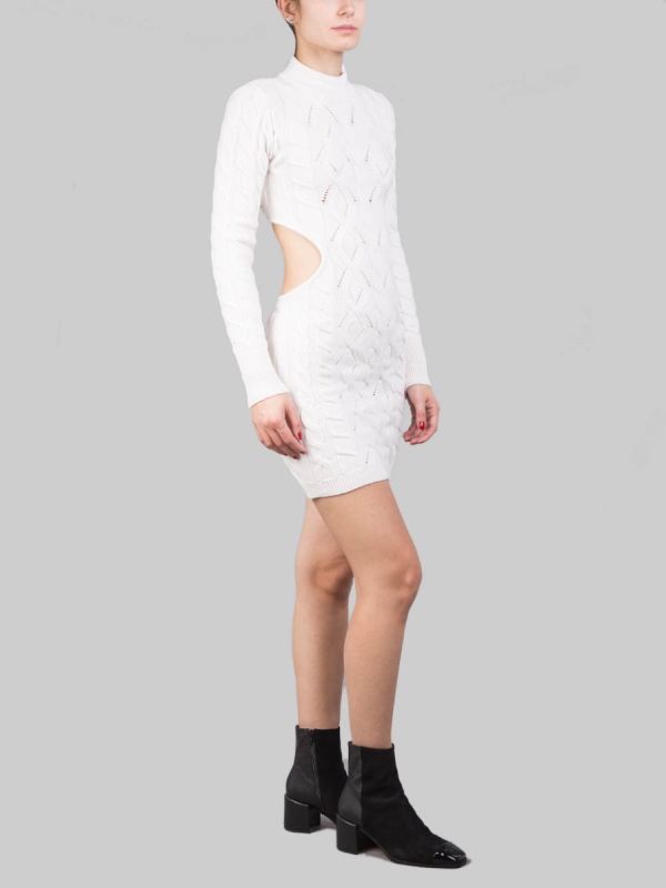 MINI ABITO BIANCO PANNA IN MAGLIA INTRECCIATA CON SCOLLATURA SULLA SCHIENA
