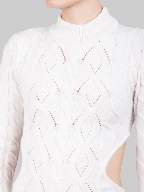 MINI ABITO BIANCO PANNA IN MAGLIA INTRECCIATA CON SCOLLATURA SULLA SCHIENA