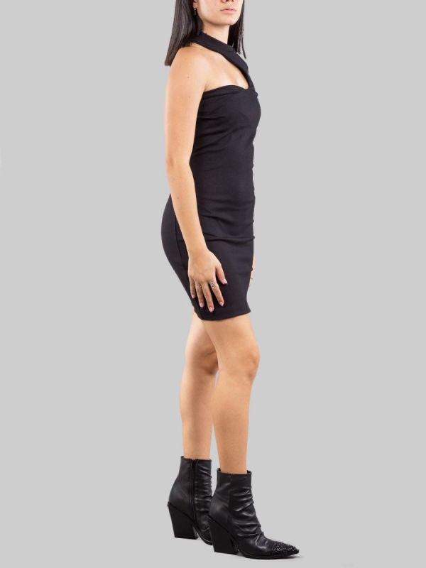 MINI ABITO MONOSPALLA NERO IN TESSUTO ELASTICIZZATO