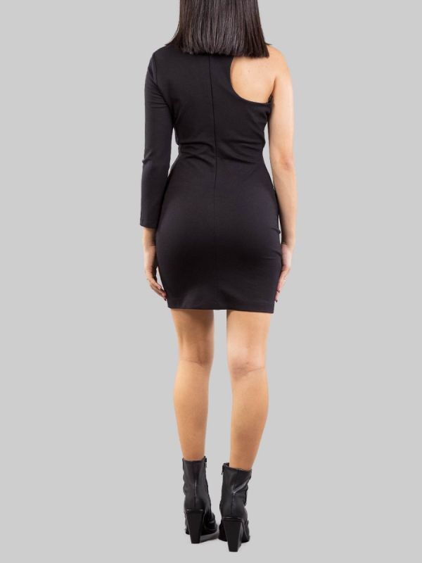 MINI ABITO MONOSPALLA NERO IN TESSUTO ELASTICIZZATO