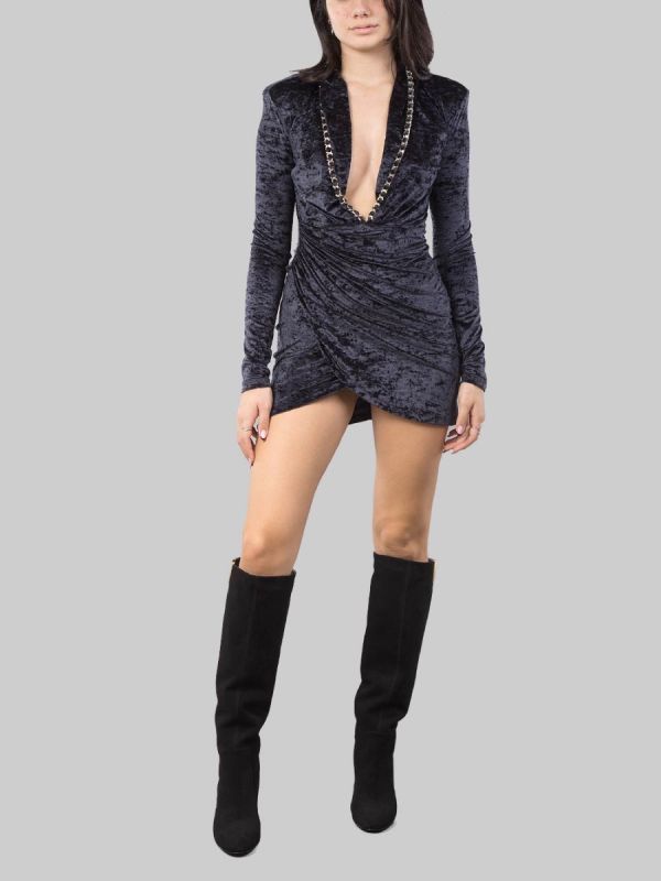 BLACK CHENILLE MINI DRESS WITH DEEP NECKLINE AND NECKLACE