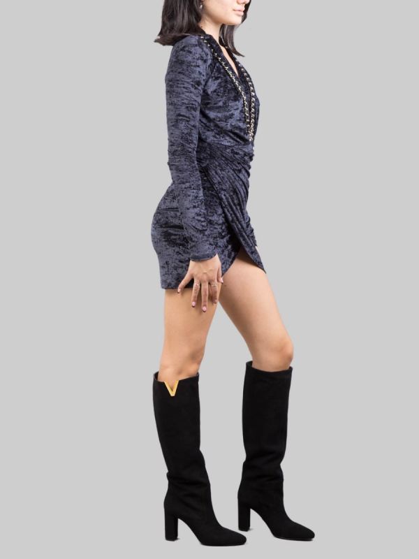 BLACK CHENILLE MINI DRESS WITH DEEP NECKLINE AND NECKLACE