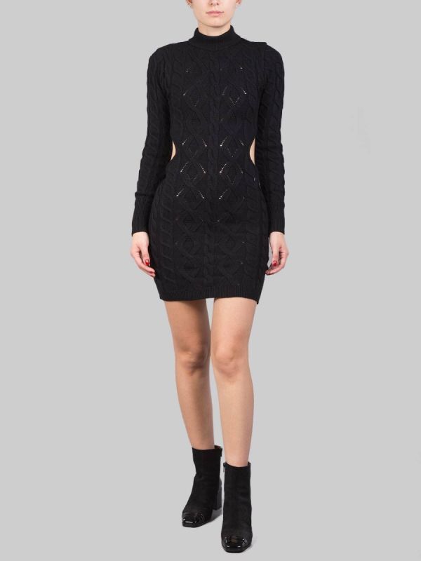 BLACK WOVEN MESH MINI DRESS WITH BACKLESS NECKLINE