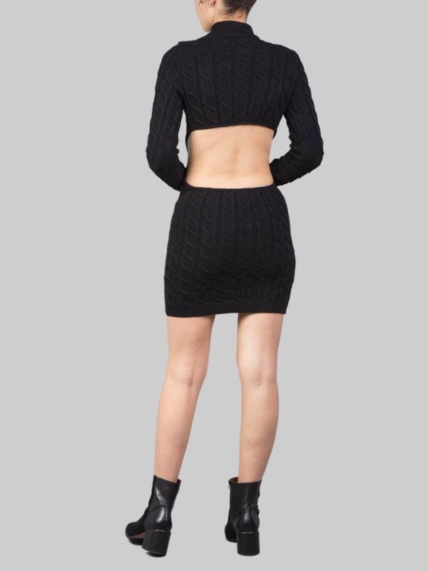 BLACK WOVEN MESH MINI DRESS WITH BACKLESS NECKLINE