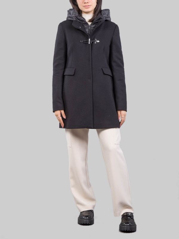 CAPPOTTO TOGGLE IN LANA E TESSUTO TECNICO NERO CON CAPPUCCIO