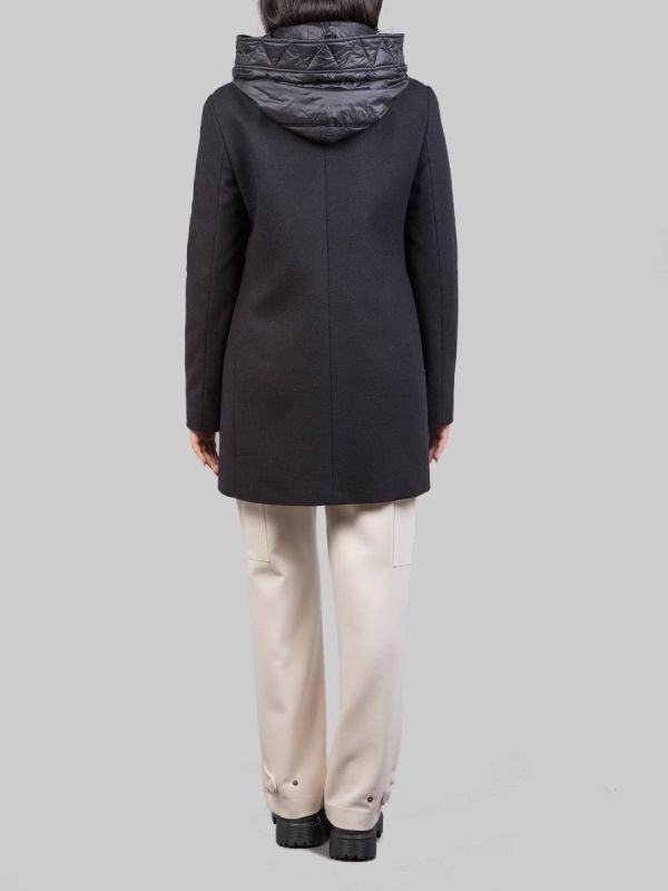 CAPPOTTO TOGGLE IN LANA E TESSUTO TECNICO NERO CON CAPPUCCIO