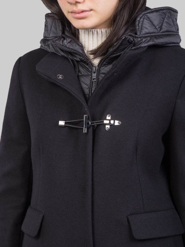CAPPOTTO TOGGLE IN LANA E TESSUTO TECNICO NERO CON CAPPUCCIO