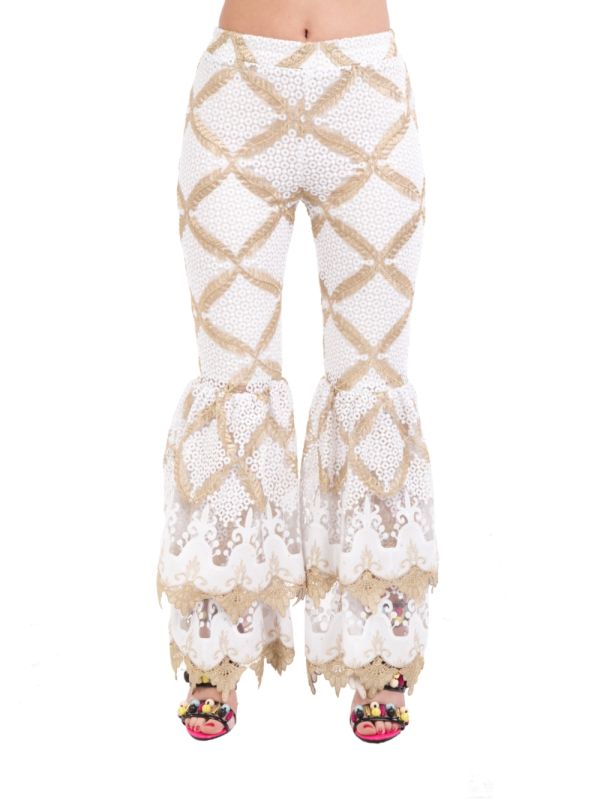 WHITE AND GOLD HIGH WAISTED TROUSERS WITH TULLE AND EMBROIDERY