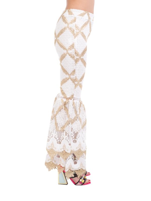 WHITE AND GOLD HIGH WAISTED TROUSERS WITH TULLE AND EMBROIDERY