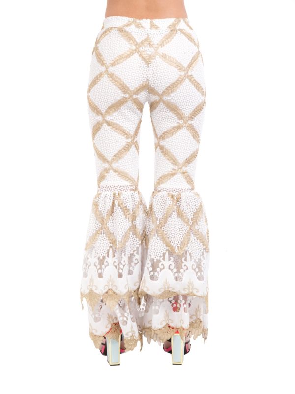 WHITE AND GOLD HIGH WAISTED TROUSERS WITH TULLE AND EMBROIDERY