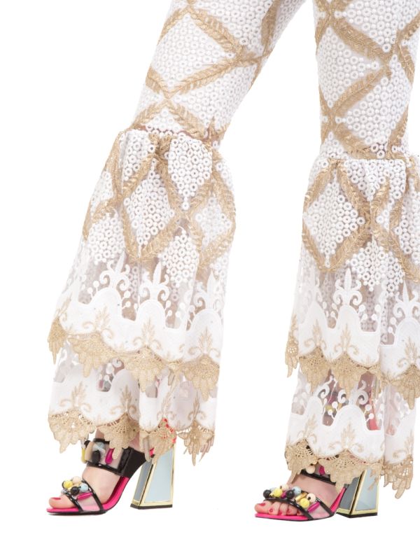 WHITE AND GOLD HIGH WAISTED TROUSERS WITH TULLE AND EMBROIDERY