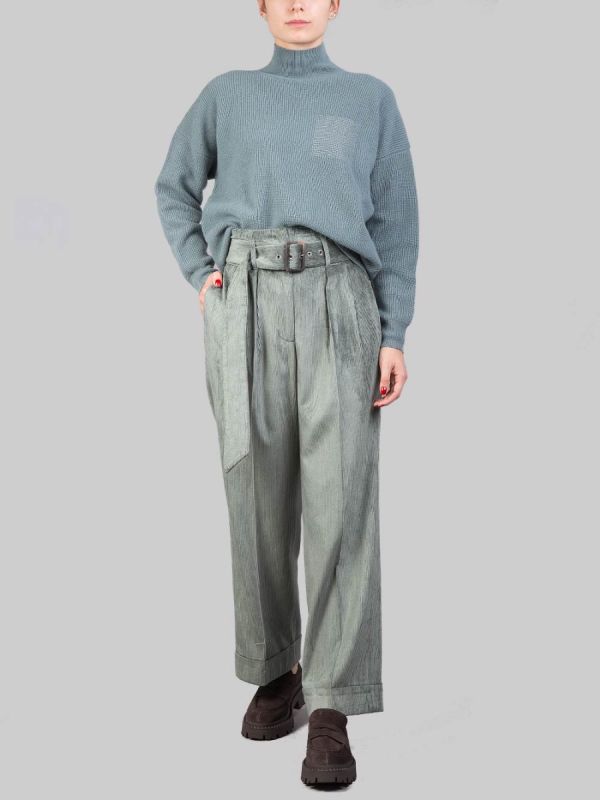PANTALONI A VITA ALTA CON CINTURA IN VELLUTO VERDE ZINCO A COSTE