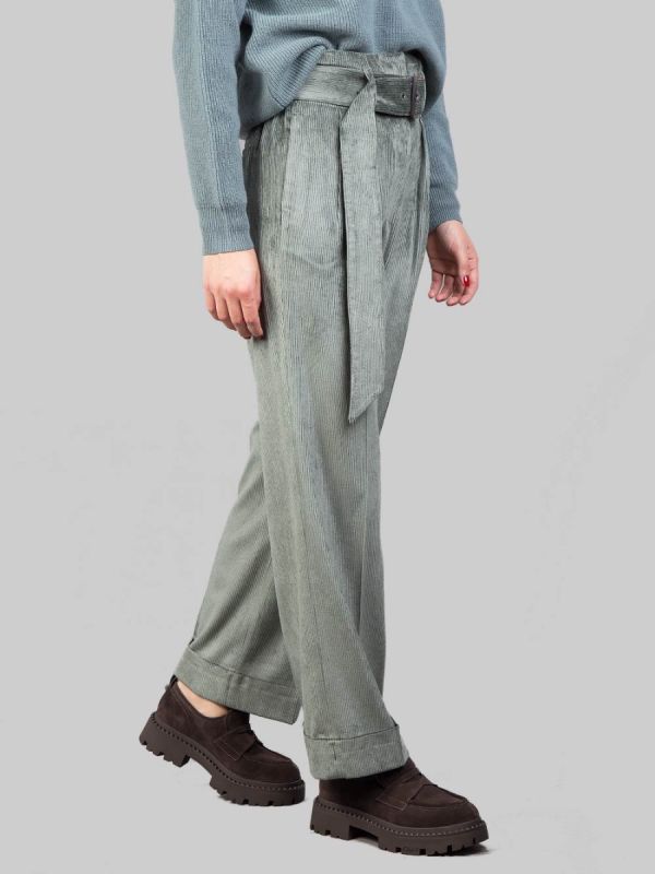 PANTALONI A VITA ALTA CON CINTURA IN VELLUTO VERDE ZINCO A COSTE