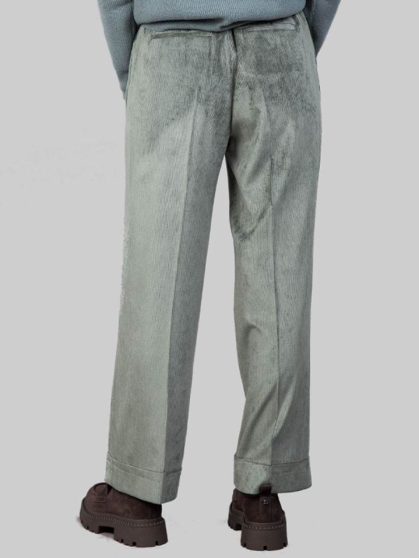 PANTALONI A VITA ALTA CON CINTURA IN VELLUTO VERDE ZINCO A COSTE