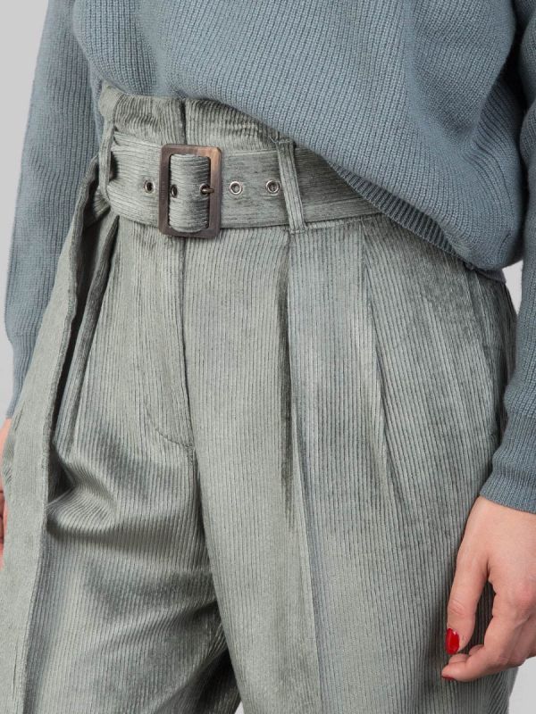 PANTALONI A VITA ALTA CON CINTURA IN VELLUTO VERDE ZINCO A COSTE