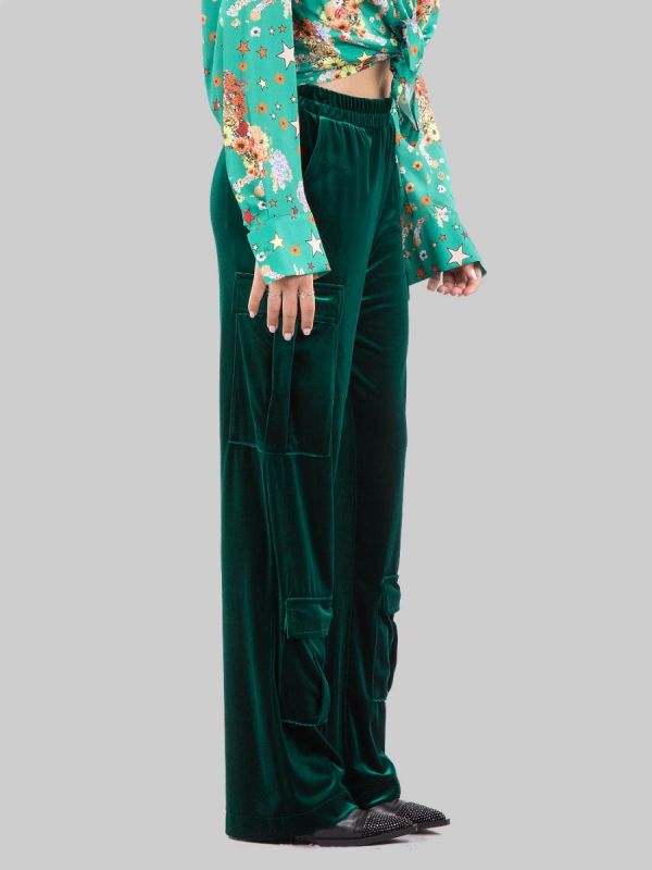 PANTALONI CARGO IN VELLUTO VERDE BOSCO CON ELASTICO IN VITA