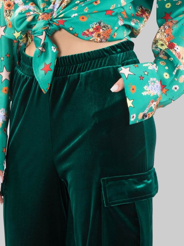 PANTALONI CARGO IN VELLUTO VERDE BOSCO CON ELASTICO IN VITA