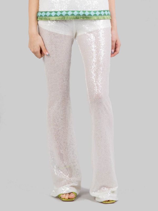 PANTALONI FLARE BIANCHI REALIZZATI CON MICRO PAILLETTES RICAMATE