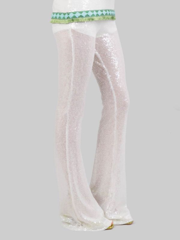 PANTALONI FLARE BIANCHI REALIZZATI CON MICRO PAILLETTES RICAMATE