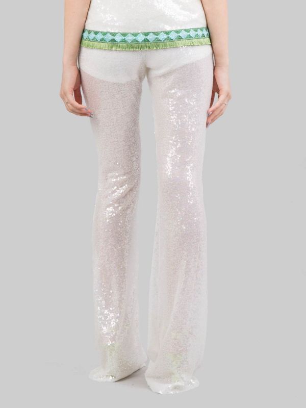 PANTALONI FLARE BIANCHI REALIZZATI CON MICRO PAILLETTES RICAMATE