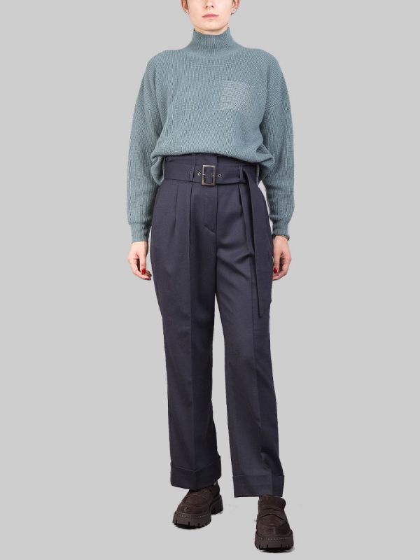PANTALONI IN MISTO LANA BLU A VITA ALTA CON PINCES E CINTURA IN VITA
