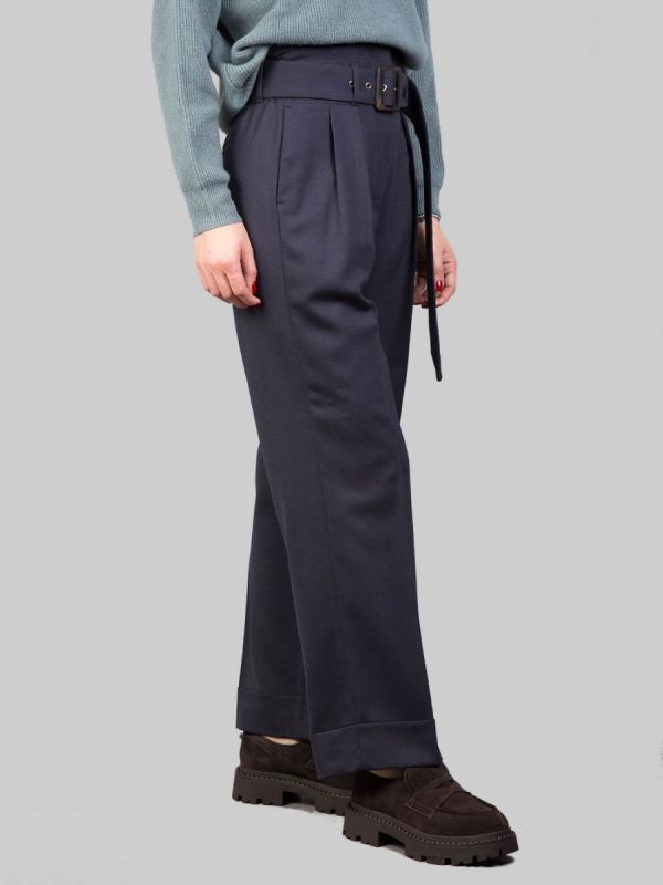 PANTALONI IN MISTO LANA BLU A VITA ALTA CON PINCES E CINTURA IN VITA