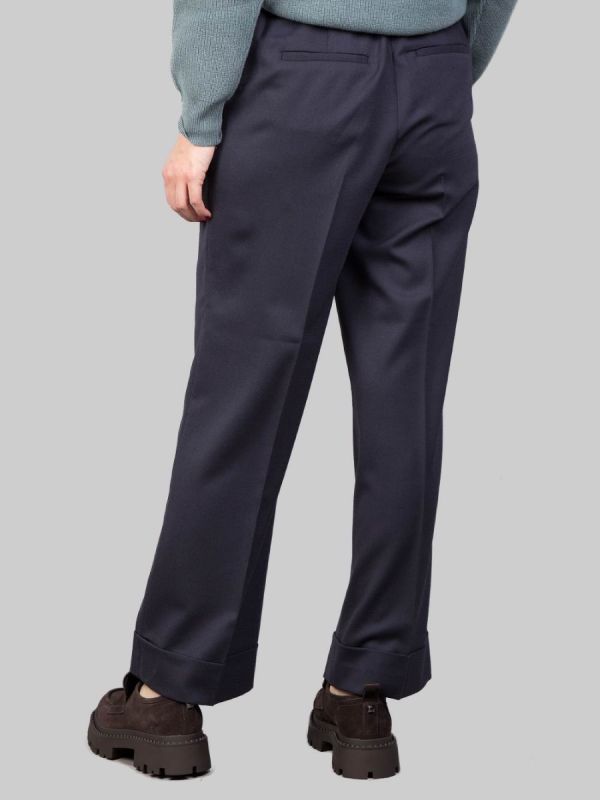 PANTALONI IN MISTO LANA BLU A VITA ALTA CON PINCES E CINTURA IN VITA