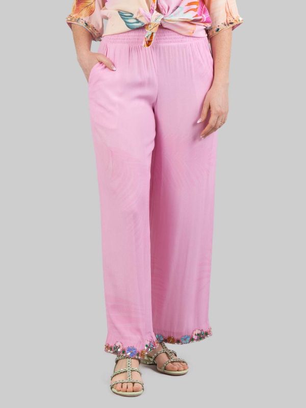 PANTALONI IN MISTO SETA CON DECORAZIONI IN PERLINE, STRASS E PIETRE COLORATE