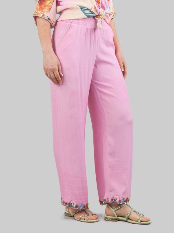 PANTALONI IN MISTO SETA CON DECORAZIONI IN PERLINE, STRASS E PIETRE COLORATE