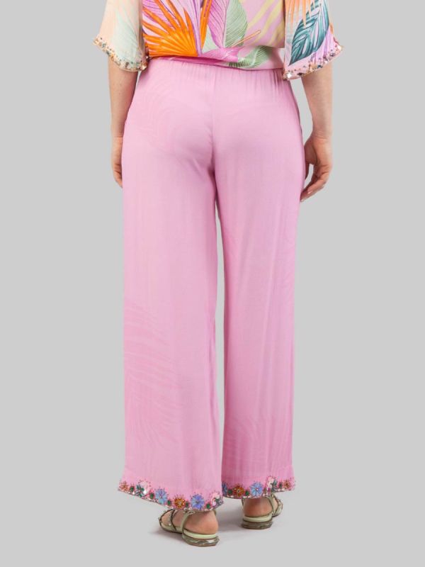 PANTALONI IN MISTO SETA CON DECORAZIONI IN PERLINE, STRASS E PIETRE COLORATE