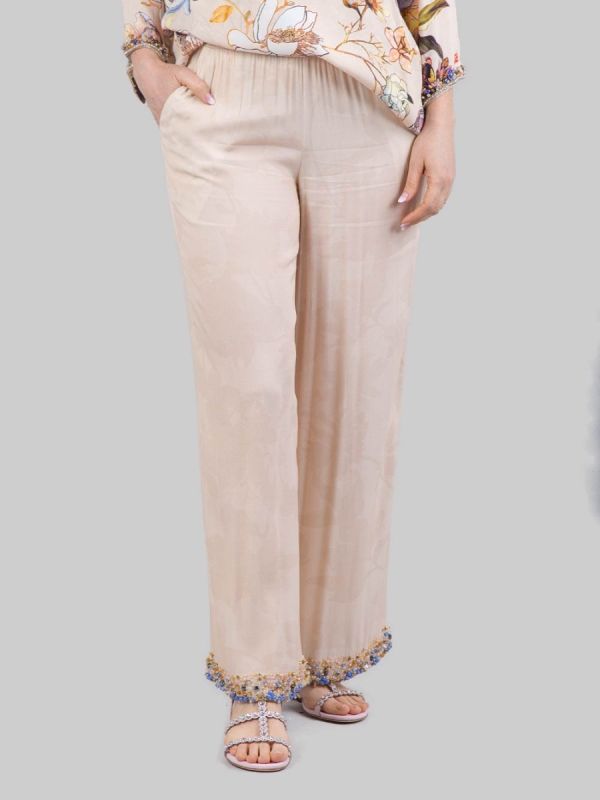 SAND SILK BLEND TROUSERS WITH BEAD, RHINESTONE AND COLORED STONES DECORATIONS