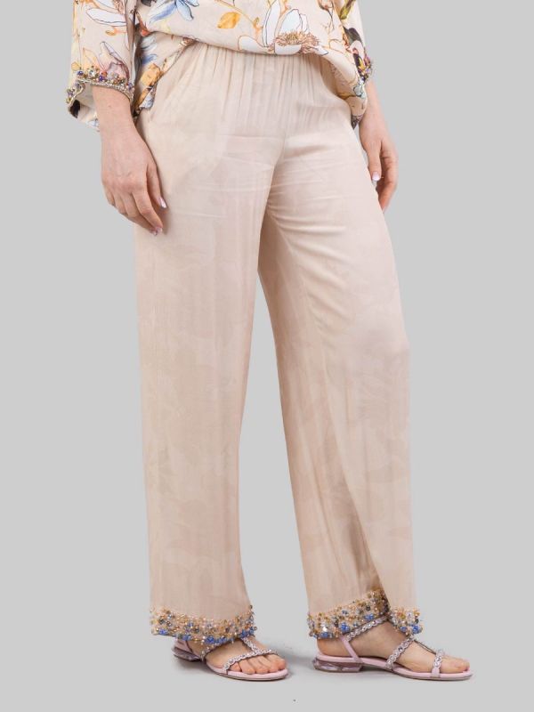 SAND SILK BLEND TROUSERS WITH BEAD, RHINESTONE AND COLORED STONES DECORATIONS