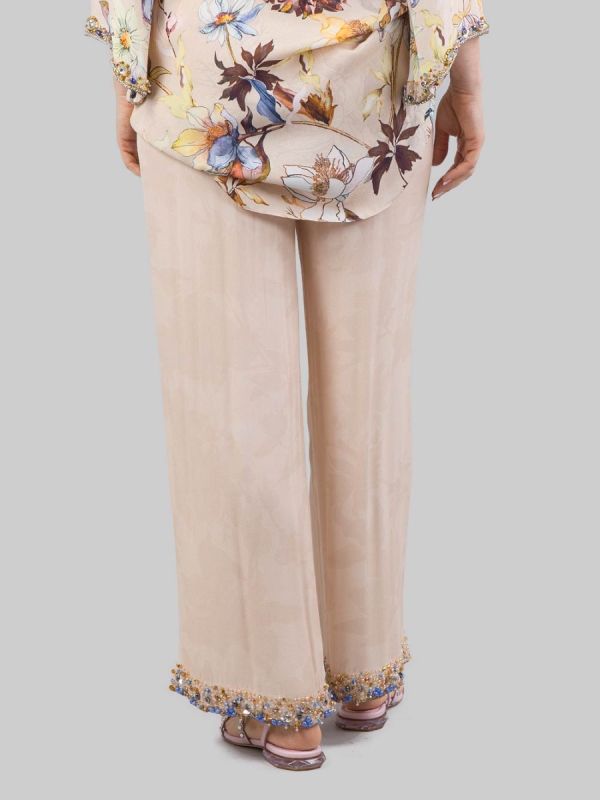 SAND SILK BLEND TROUSERS WITH BEAD, RHINESTONE AND COLORED STONES DECORATIONS
