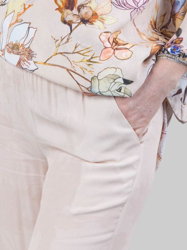 SAND SILK BLEND TROUSERS WITH BEAD, RHINESTONE AND COLORED STONES DECORATIONS