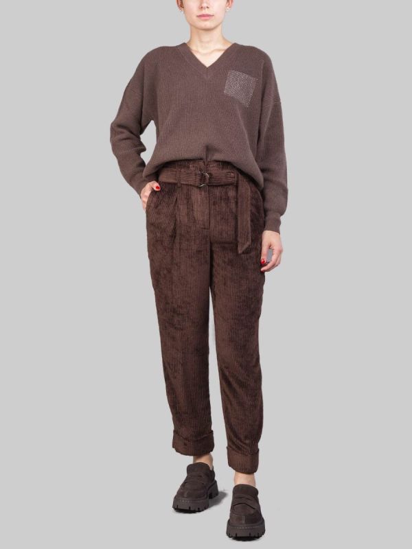 PANTALONI IN VELLUTO A COSTE MARRONI CON CINTURA IN VITA