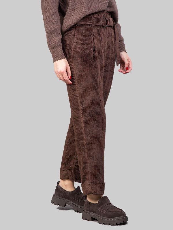 PANTALONI IN VELLUTO A COSTE MARRONI CON CINTURA IN VITA