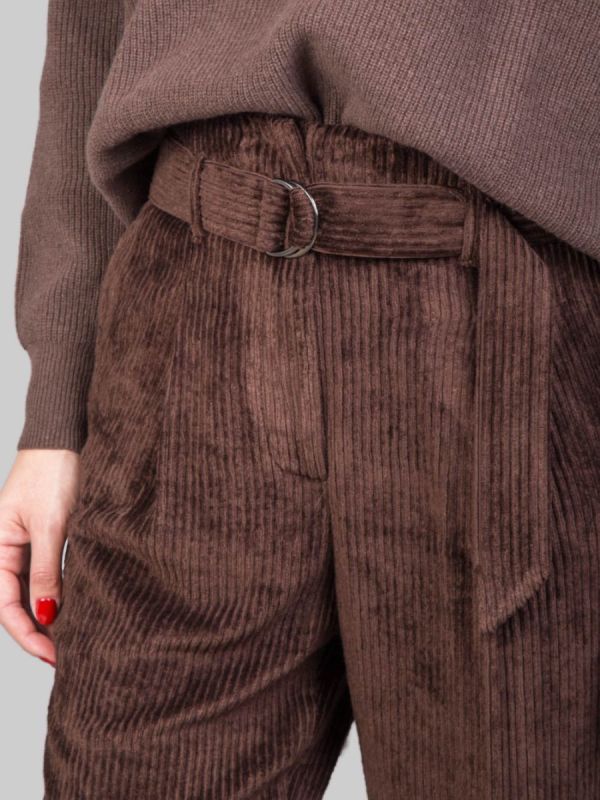 PANTALONI IN VELLUTO A COSTE MARRONI CON CINTURA IN VITA