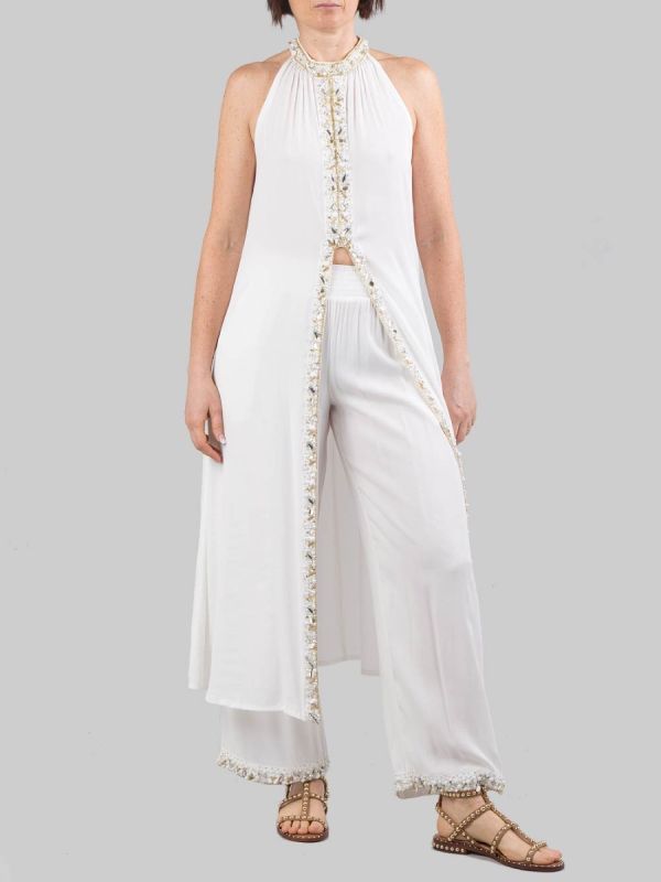 PANTALONI PALAZZO BIANCHI CON DECORAZIONI IN PERLINE, STRASS E PERLE