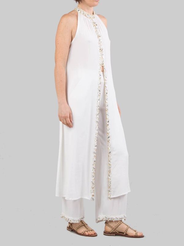 PANTALONI PALAZZO BIANCHI CON DECORAZIONI IN PERLINE, STRASS E PERLE