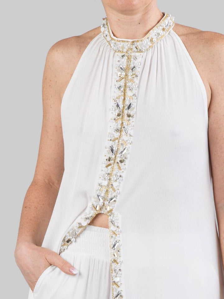 PANTALONI PALAZZO BIANCHI CON DECORAZIONI IN PERLINE, STRASS E PERLE
