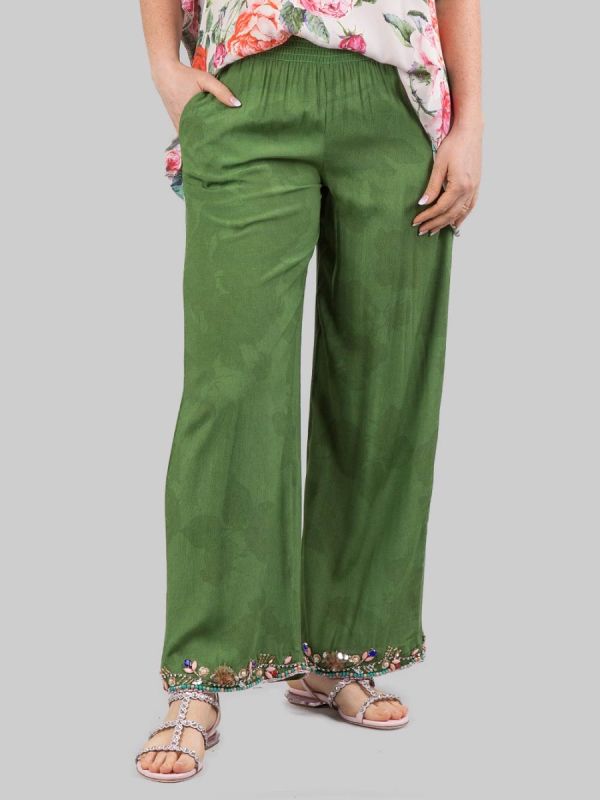 PALAZZO VERDI PANTS WITH DECORATIONS IN BEADS, RHINESTONE AND COLORED STONES