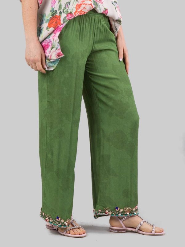 PALAZZO VERDI PANTS WITH DECORATIONS IN BEADS, RHINESTONE AND COLORED STONES