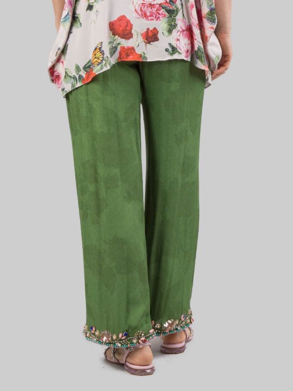 PALAZZO VERDI PANTS WITH DECORATIONS IN BEADS, RHINESTONE AND COLORED STONES