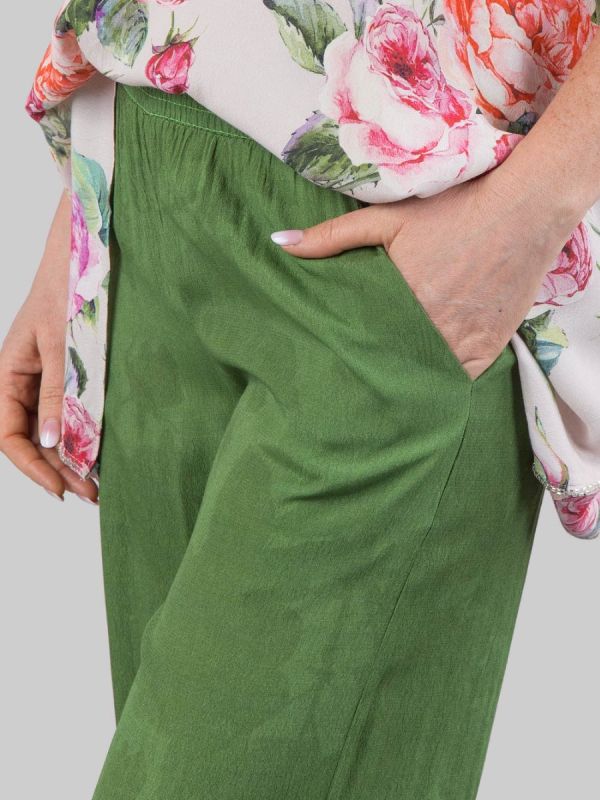 PALAZZO VERDI PANTS WITH DECORATIONS IN BEADS, RHINESTONE AND COLORED STONES