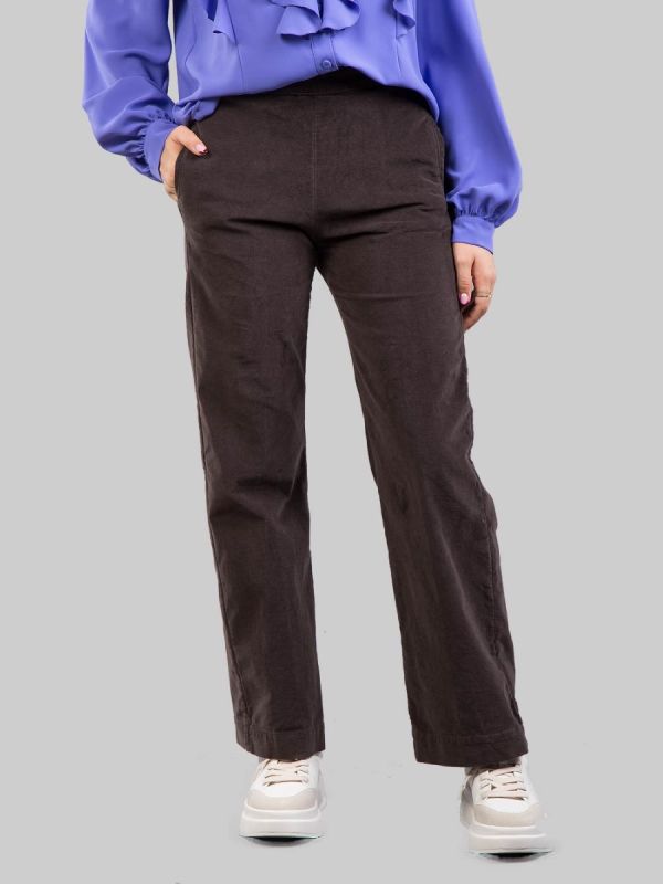 PANTALONI RELAXED CHINO A VITA ALTA MARRONE CAFFÈ IN VELLUTO ELASTICIZZATO