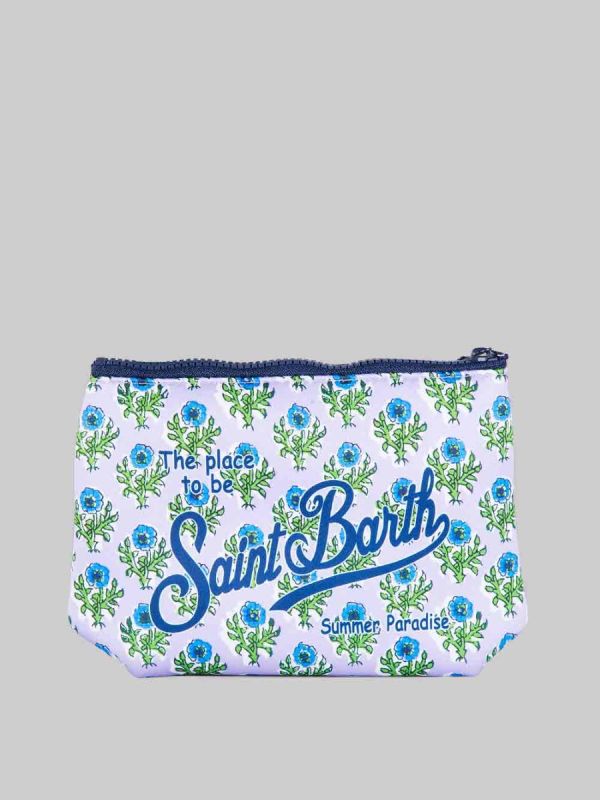 SCUBA POUCH WITH FLORAL PATTERN ON A LILAC BACKGROUND
