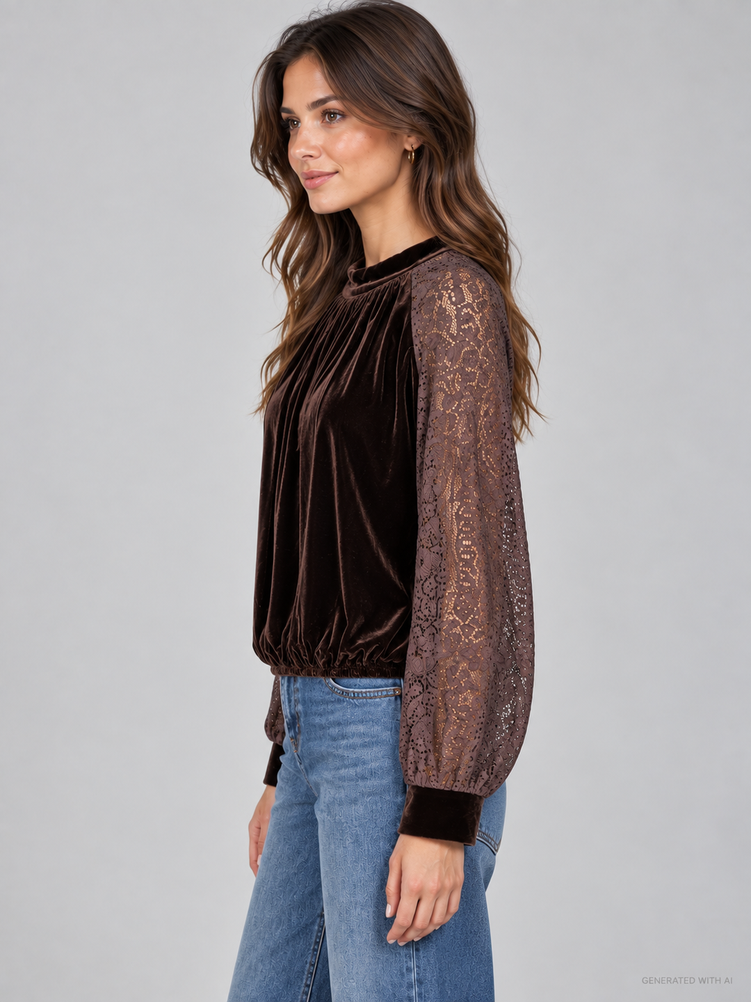 Blusa in velluto con maniche in pizzo
